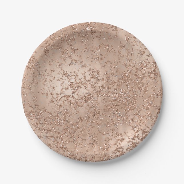 Rose Gold Blush Pink Glam Sparkle Crackle Chic Paper Plates (Front)