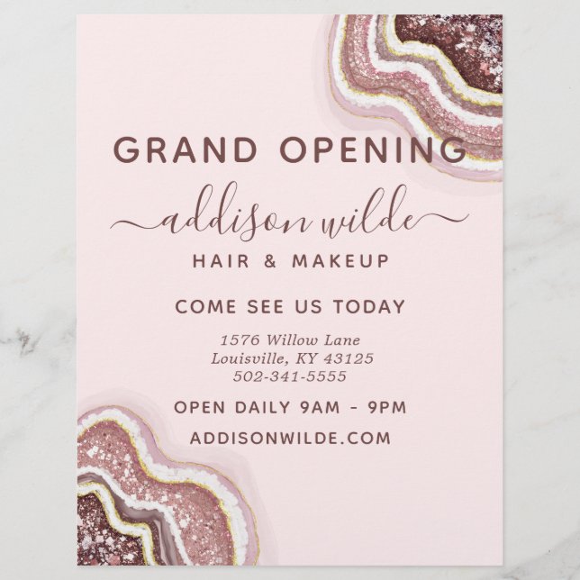 Rose Gold Blush Pink Glitter Agate Geode Business Flyer (Front)