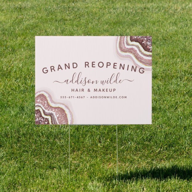 Rose Gold Blush Pink Glitter Agate Geode Business Sign (Insitu)