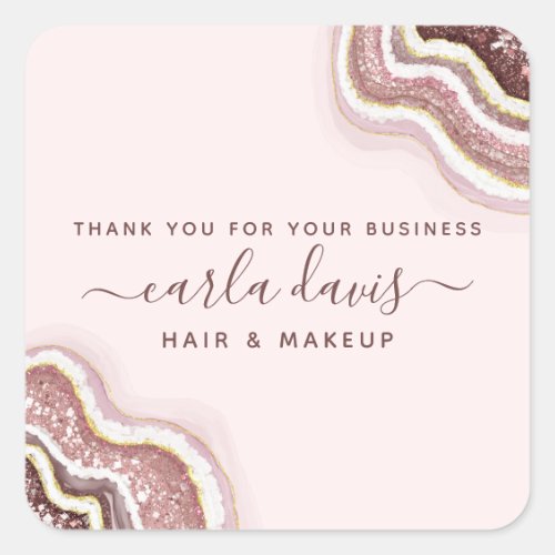 Rose Gold Blush Pink Glitter Agate Geode Business Square Sticker