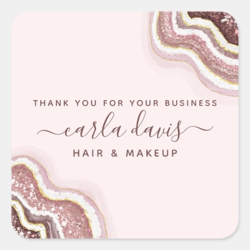 Custom Stickers 14 Rose Gold Blush Pink Glitter Agate Geode Business Square Sticker