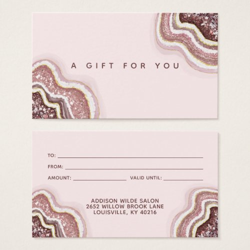 Custom Gift Certificates 15 Rose Gold Blush Pink Glitter Agate Geode Gift Card