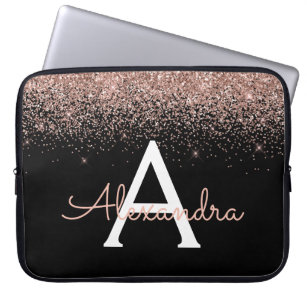 Rose Gold Blush Pink Glitter and Sparkle Monogram Laptop Sleeve