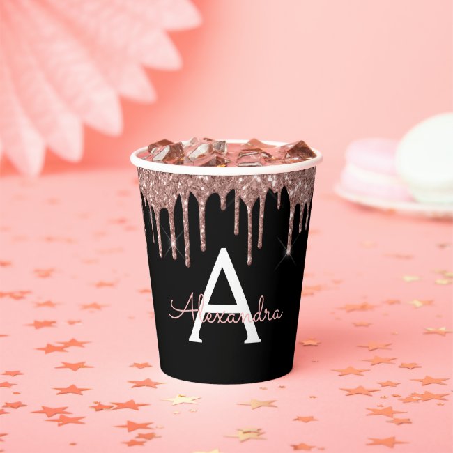 Rose Gold Blush Pink Glitter and Sparkle Monogram Paper Cups