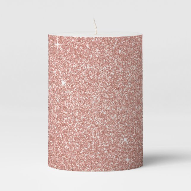 Rose Gold -Blush Pink Glitter and Sparkle Pillar Candle (Front)