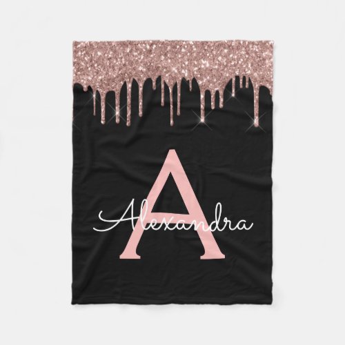 Rose Gold _ Blush Pink Glitter Black Monogram Fleece Blanket