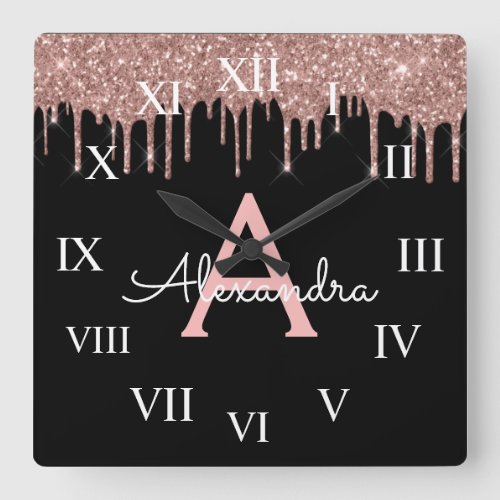 Rose Gold _ Blush Pink Glitter Black Monogram Square Wall Clock