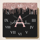 Rose Gold - Blush Pink Glitter Black Monogram Square Wall Clock<br><div class="desc">Rose Gold - Blush Pink and Black Sparkle Glitter Monogram Name and Initial Luxury Wall Clock. This makes the perfect sweet 16 birthday,  wedding,  bridal shower,  anniversary,  baby shower or bachelorette party gift for someone that loves glam luxury and chic styles.</div>