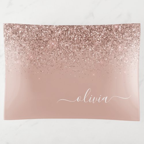 Rose Gold Blush Pink Glitter Chic Monogram Name Trinket Tray