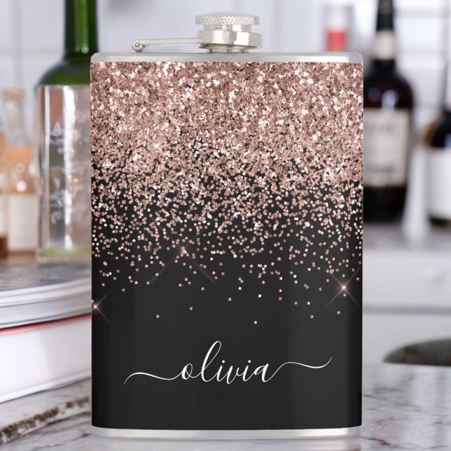 Rose Gold Blush Pink Glitter Custom Monogram Name Flask (Creator Uploaded)