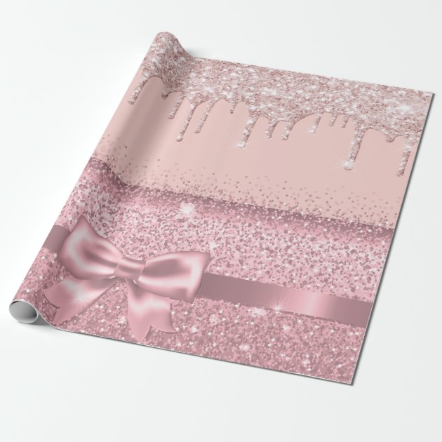 Rose gold blush pink glitter drips bow wrapping paper
