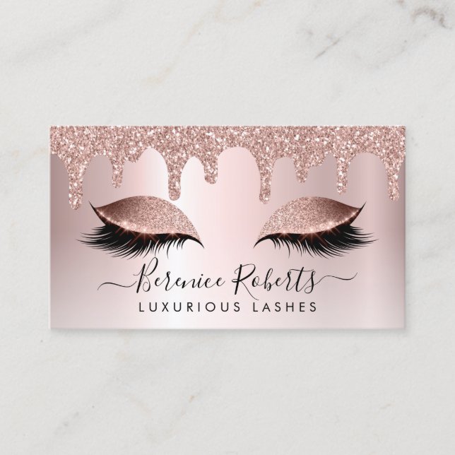 Rose Gold Blush Pink Glitter Drips Lash Extensions Business Card (Front)