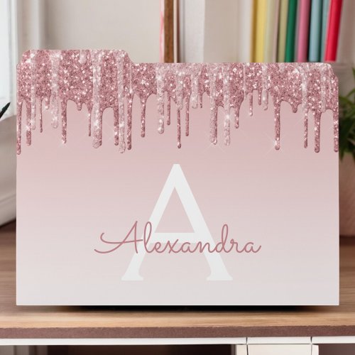 Rose Gold Blush Pink Glitter Drips Monogram File Folder