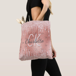Rose gold blush pink glitter drips monogram glam tote bag