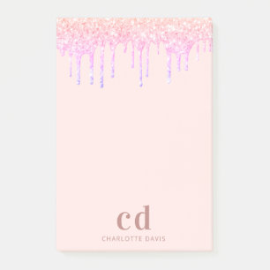 Rose gold blush pink glitter drips monogram post-it notes