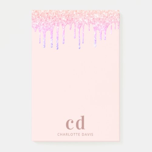 Rose gold blush pink glitter drips monogram post_it notes