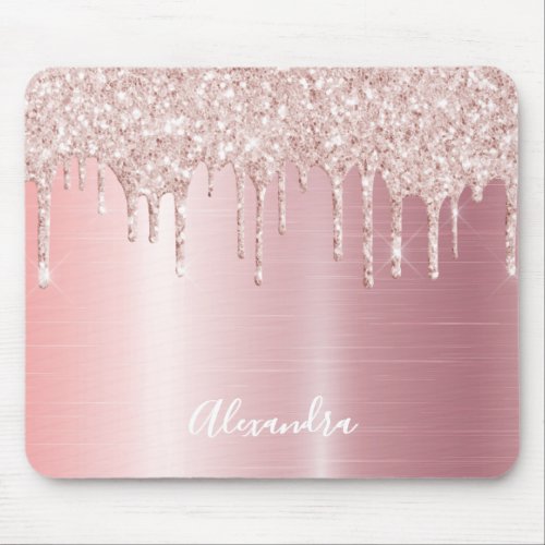 Rose gold blush pink glitter drips name mouse pad