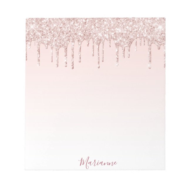 Rose gold blush pink glitter drips name notepad (Front)