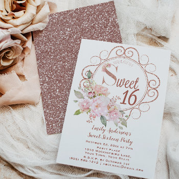 Rose Gold Blush Pink Glitter Floral Sweet 16 Invitation by MaggieMart at Zazzle