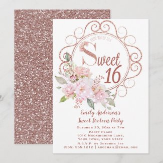 Rose Gold Blush Pink Glitter Floral Sweet 16 Invitation