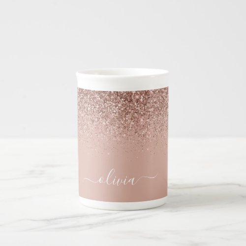 Rose Gold Blush Pink Glitter Girly Monogram Name Bone China Mug