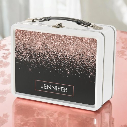 Rose Gold Blush Pink Glitter Girly Monogram Name Metal Lunch Box