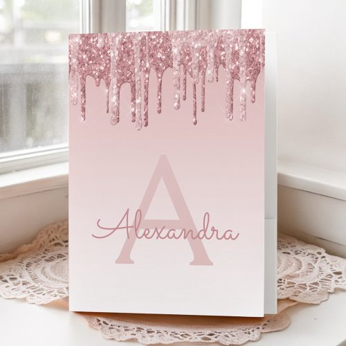 Rose Gold Blush Pink Glitter Girly Monogram Name Pocket Folder