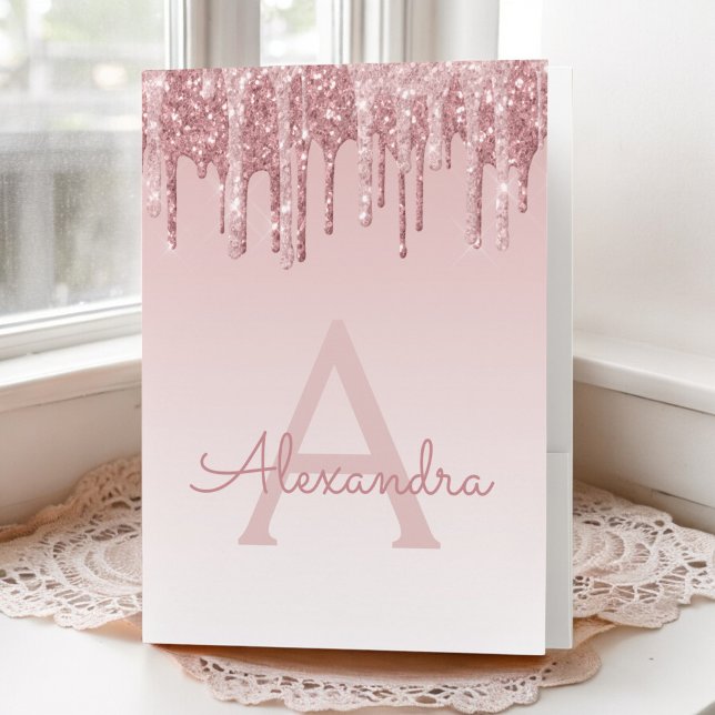 Rose Gold Blush Pink Glitter Girly Monogram Name Pocket Folder (Creator Uploaded)