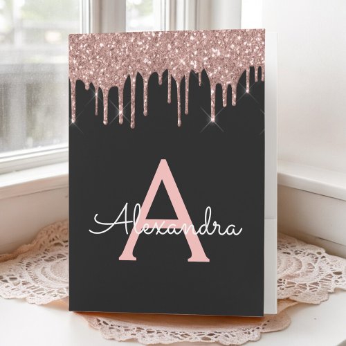 Rose Gold Blush Pink Glitter Girly Monogram Name Pocket Folder