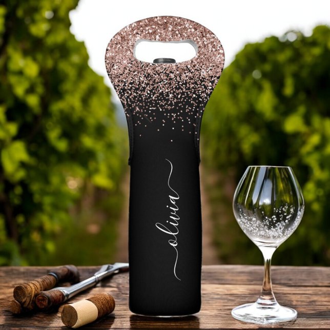 Rose Gold Blush Pink Glitter Girly Monogram Name Wine Bag (Creator Uploaded)