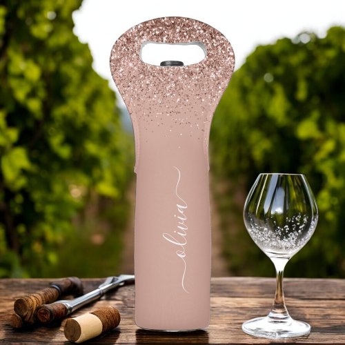 Rose Gold Blush Pink Glitter Girly Monogram Name Wine Bag