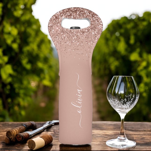 Rose Gold Blush Pink Glitter Girly Monogram Name Wine Bag (Creator Uploaded)