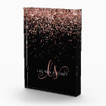 Rose Gold Blush Pink Glitter Glam Monogram Name Acrylic Award<br><div class="desc">Glam Rose Gold Glitter Elegant Monogram Acrylic Award. Easily personalize this trendy chic acrylic award design featuring elegant rose gold sparkling glitter on a black background. The design features your handwritten script monogram with pretty swirls and your name.</div>
