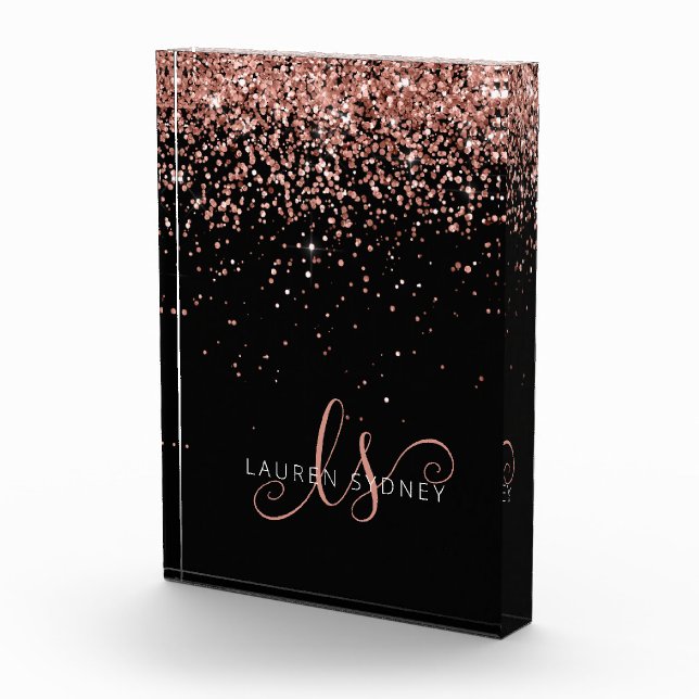Rose Gold Blush Pink Glitter Glam Monogram Name Acrylic Award (Right)