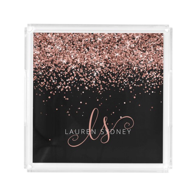 Rose Gold Blush Pink Glitter Glam Monogram Name Acrylic Tray (Front)