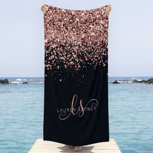 Rose Gold Blush Pink Glitter Glam Monogram Name Beach Towel