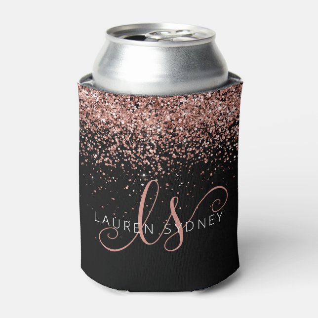 Rose Gold Blush Pink Glitter Glam Monogram Name Can Cooler (Can Front)