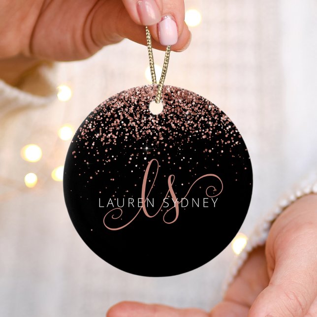 Rose Gold Blush Pink Glitter Glam Monogram Name Ceramic Ornament (Creator Uploaded)