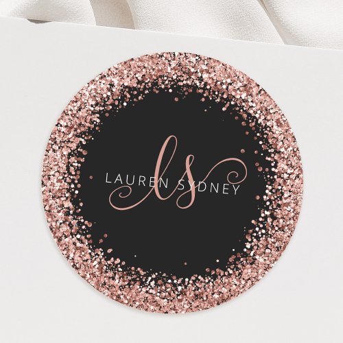 Rose Gold Blush Pink Glitter Glam Monogram Name Classic Round Sticker