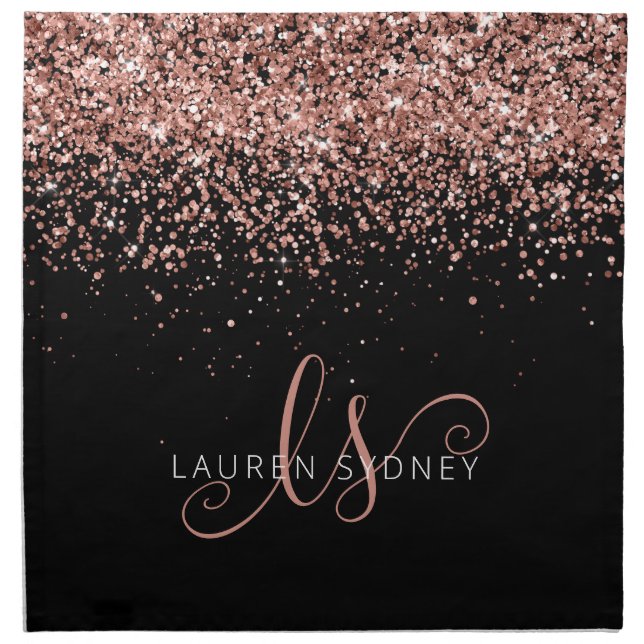 Rose Gold Blush Pink Glitter Glam Monogram Name Cloth Napkin (Front)