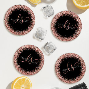 Rose Gold Blush Pink Glitter Glam Monogram Name Coaster Set