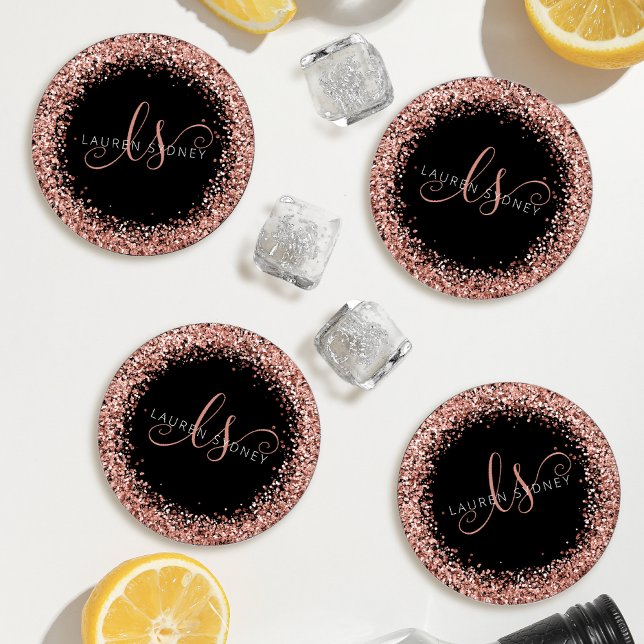 Rose Gold Blush Pink Glitter Glam Monogram Name Coaster Set (Creator Uploaded)