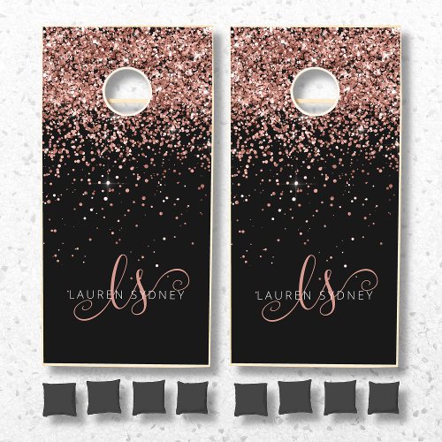 Rose Gold Blush Pink Glitter Glam Monogram Name Cornhole Set