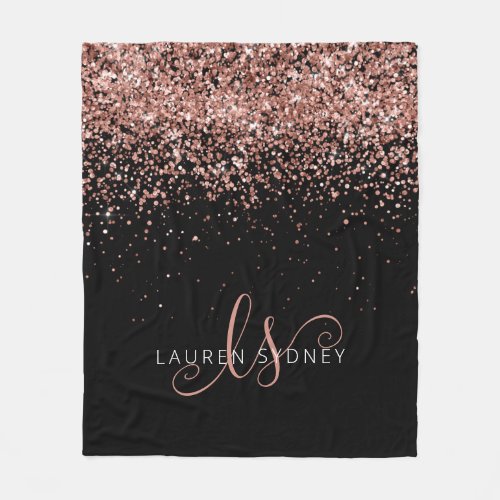 Rose Gold Blush Pink Glitter Glam Monogram Name Fleece Blanket