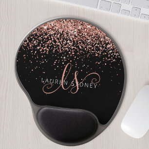 Rose Gold Blush Pink Glitter Glam Monogram Name Gel Mouse Pad