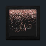 Rose Gold Blush Pink Glitter Glam Monogram Name Gift Box<br><div class="desc">Glam Rose Gold Glitter Elegant Monogram Gift Box. Easily personalize this trendy chic gift box design featuring elegant rose gold sparkling glitter on a black background. The design features your handwritten script monogram with pretty swirls and your name.</div>