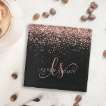Rose Gold Blush Pink Glitter Glam Monogram Name Glass Coaster<br><div class="desc">Glam Rose Gold Glitter Elegant Monogram Glass Coaster. Easily personalize this trendy chic glass coaster design featuring elegant rose gold sparkling glitter on a black background. The design features your handwritten script monogram with pretty swirls and your name.</div>