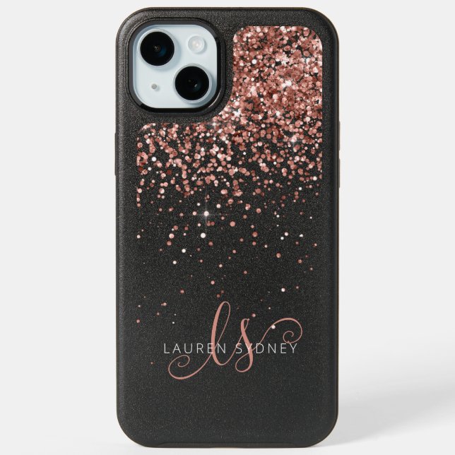 Rose Gold Blush Pink Glitter Glam Monogram Name iPhone 15 Plus Case (Back)