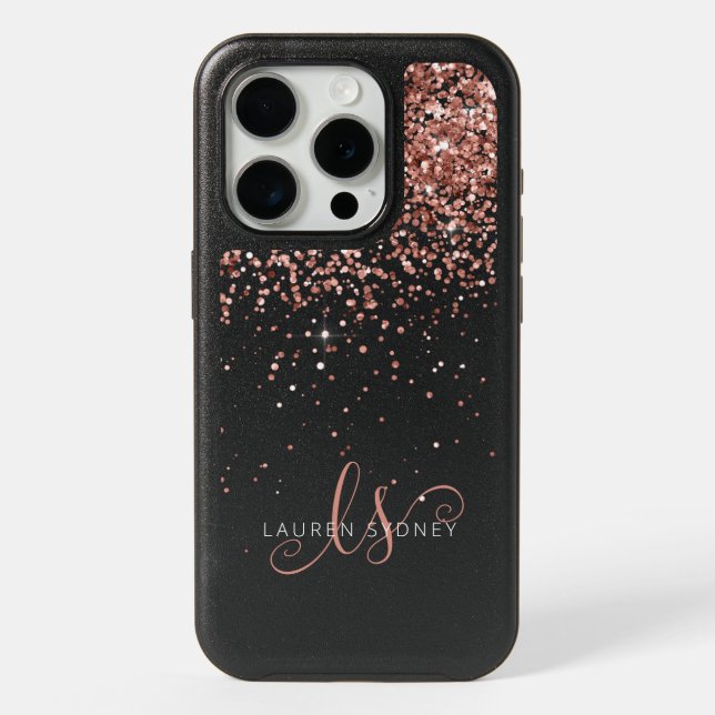 Rose Gold Blush Pink Glitter Glam Monogram Name iPhone 15 Pro Case (Back)