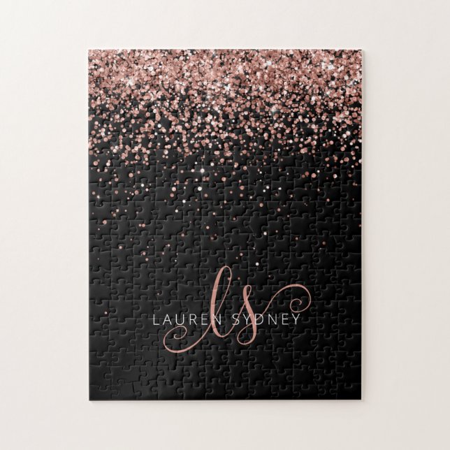 Rose Gold Blush Pink Glitter Glam Monogram Name Jigsaw Puzzle (Vertical)